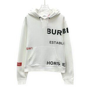 Burberry White Logo Print Hooded Cotton Sweatshirt XS Long Sleeve Drawstring Sty
